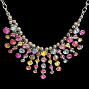 Women's Black‎ Gunmetal Necklace Multicolored Stones 10 1/2 + 3 Inches